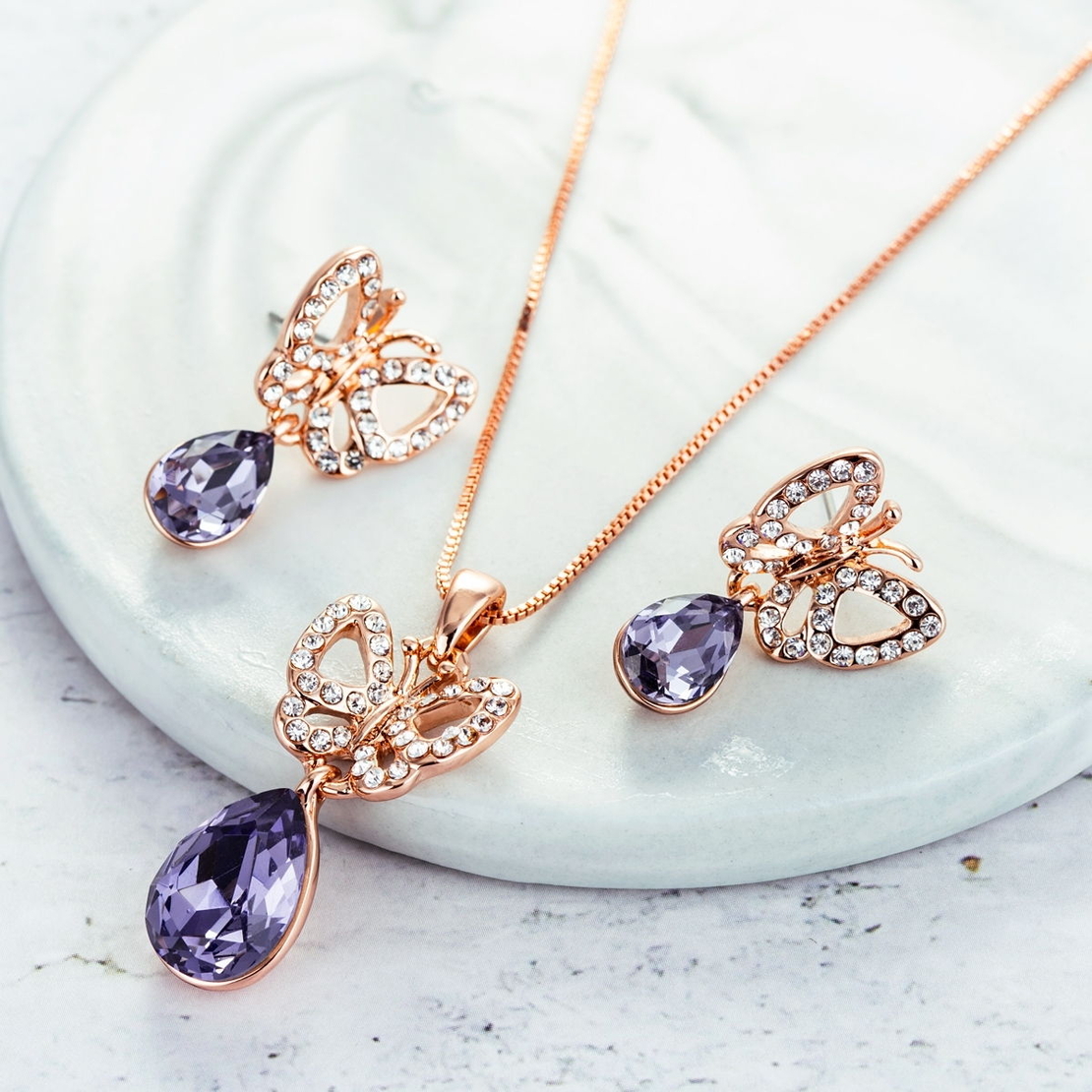Комплект розово позлатяване пеперуди с кристали Swarovski Tanzanite | Колекция Rose Gold