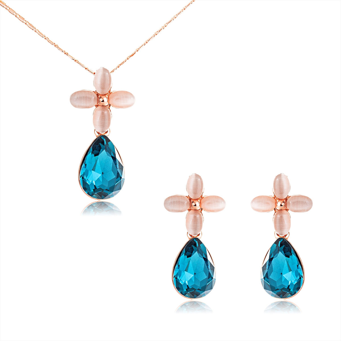 Комплект розово позлатяване Цветя с кристали Swarovski Indicolite | Колекция Rose Gold