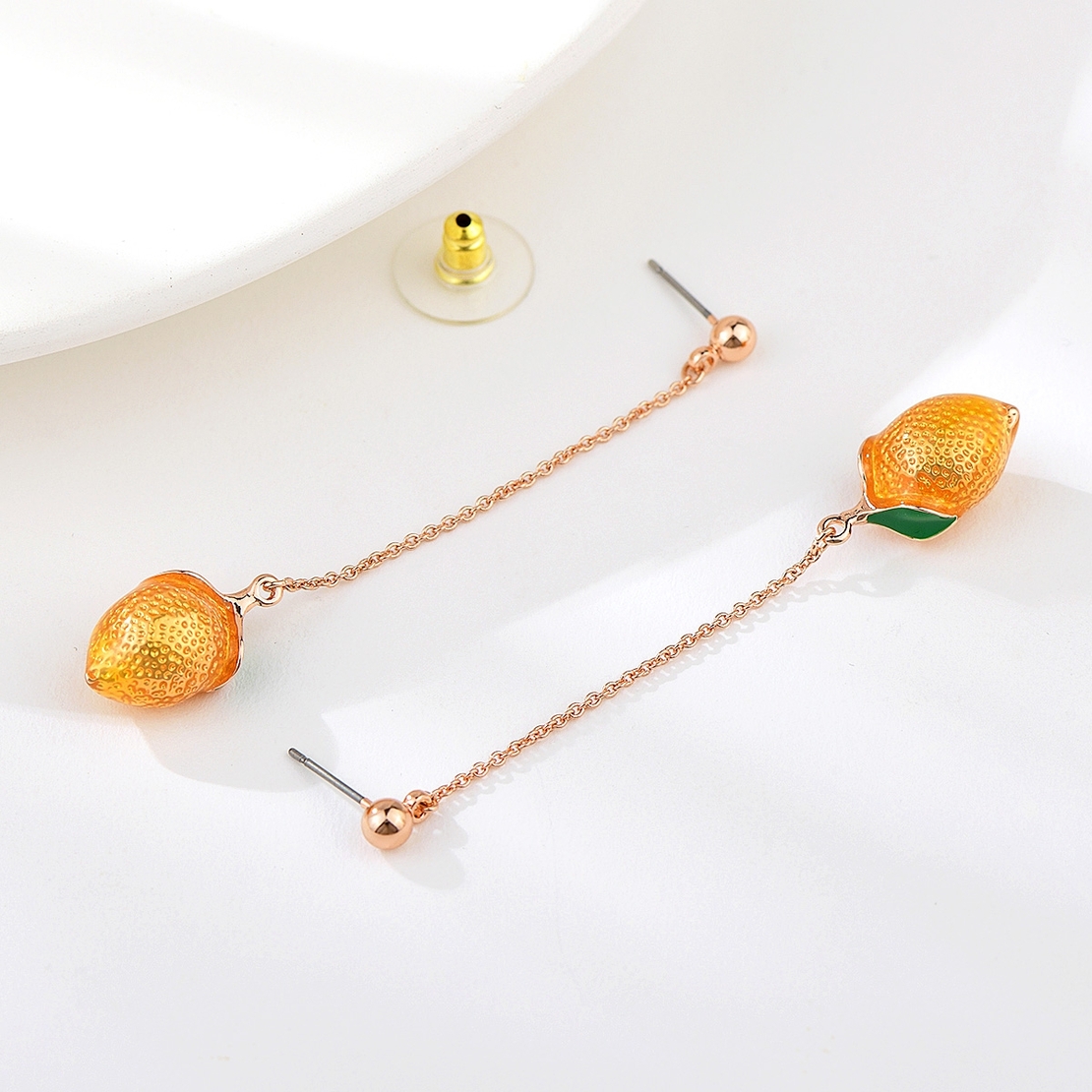 Обеци розово позлатяване лимони с бижутериен лак | Колекция Rose Gold
