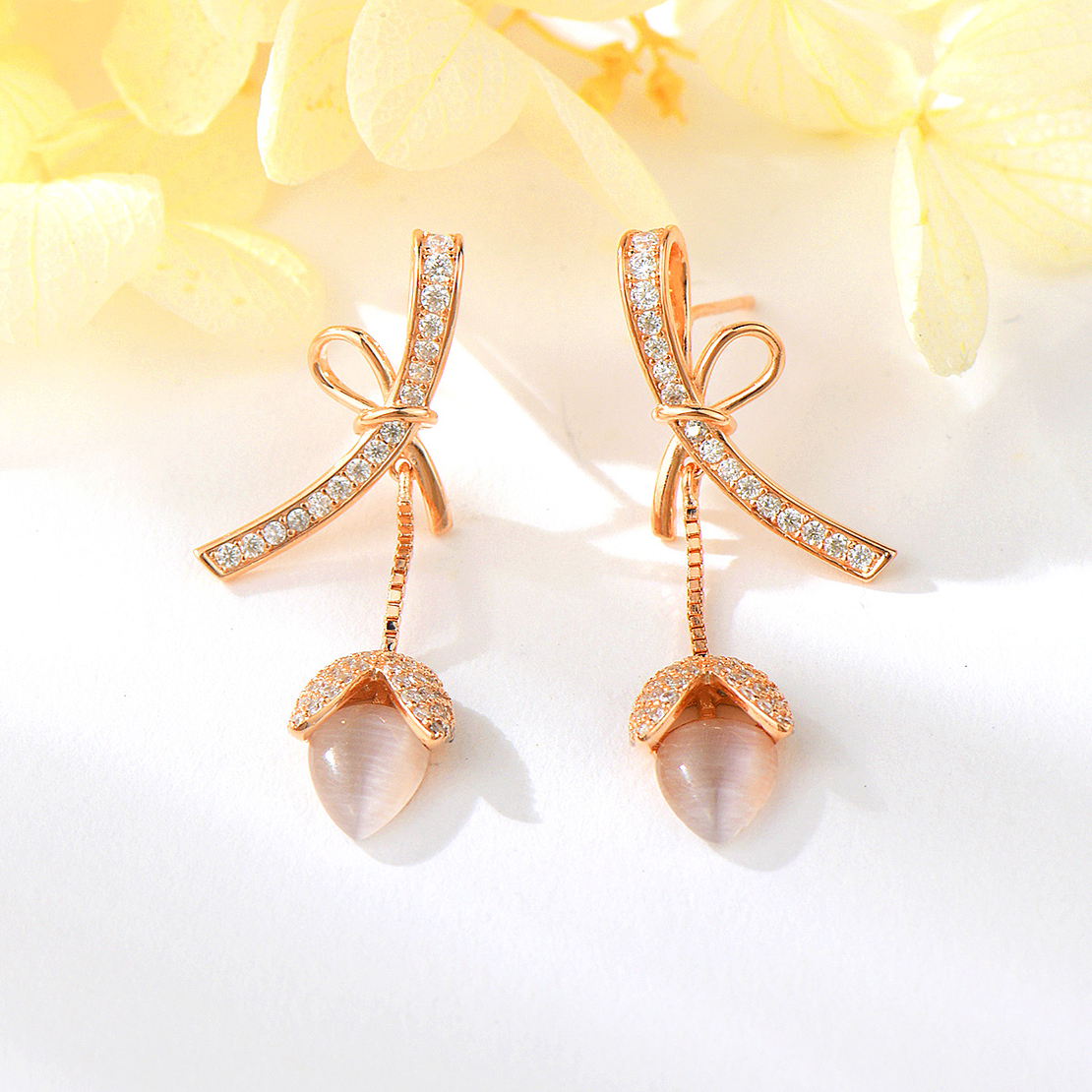 TULIPS SILVER EARRINGS ROSE GOLD PLATING WITH CAT'S EYE STONE