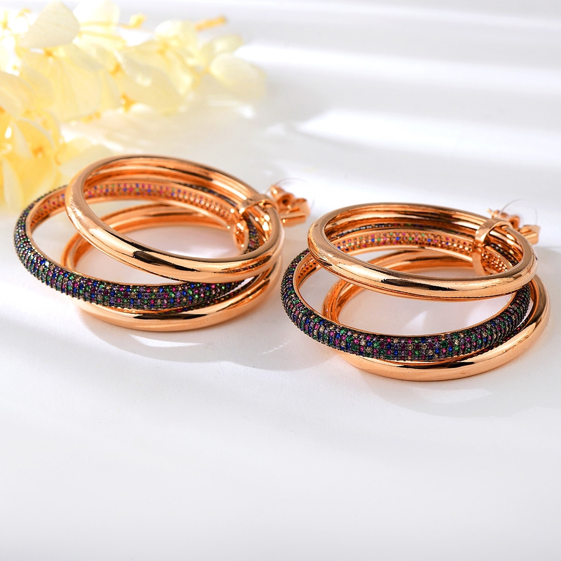 Обеци розово позлатяване дълги тройни халки | Колекция Rose Gold