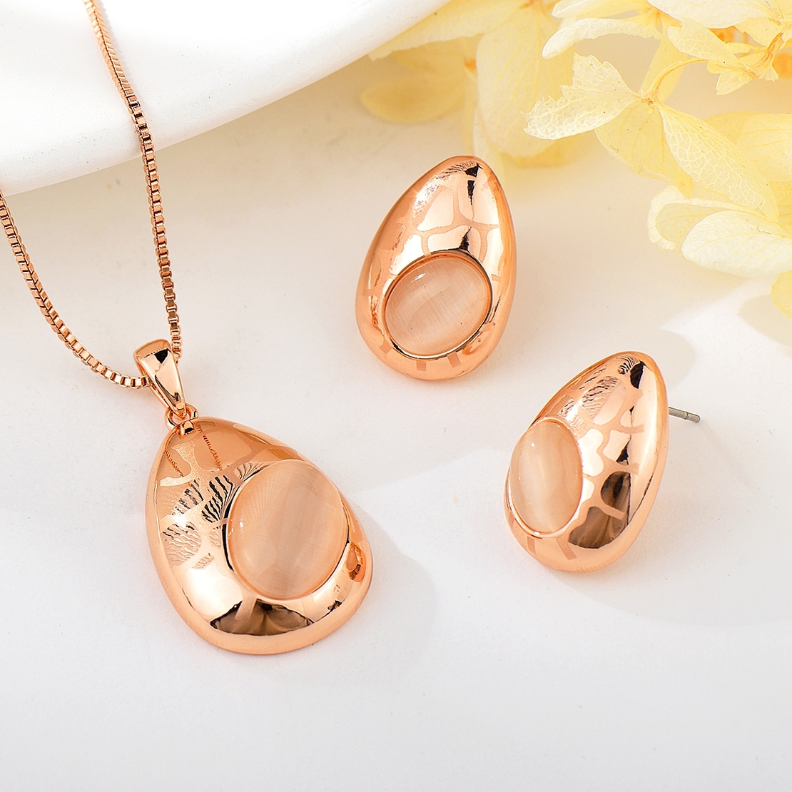 Комплект розово позлатяване капка с котешко око | Колекция Rose Gold