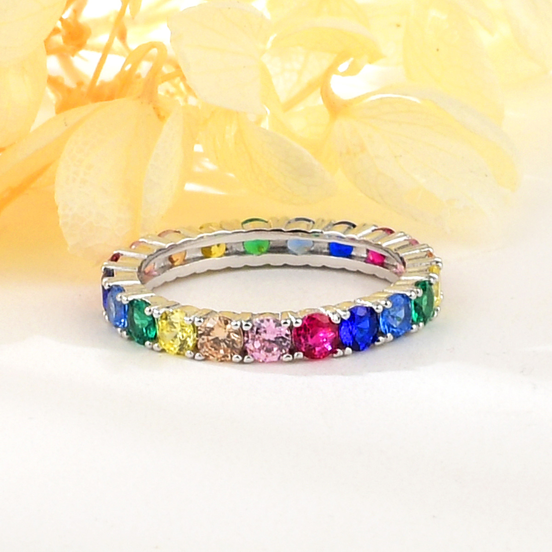 RING PLATINUM PLATED SILVER COLORFUL CUBIC ZIRCONIA