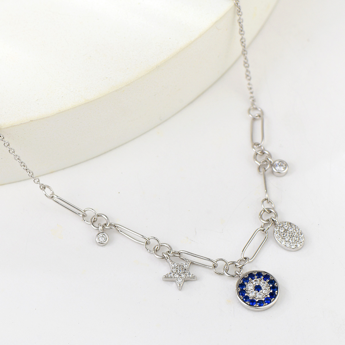 CHARM NECKLACE PLATINUM PLATED SILVER CUBIC ZIRCONIA