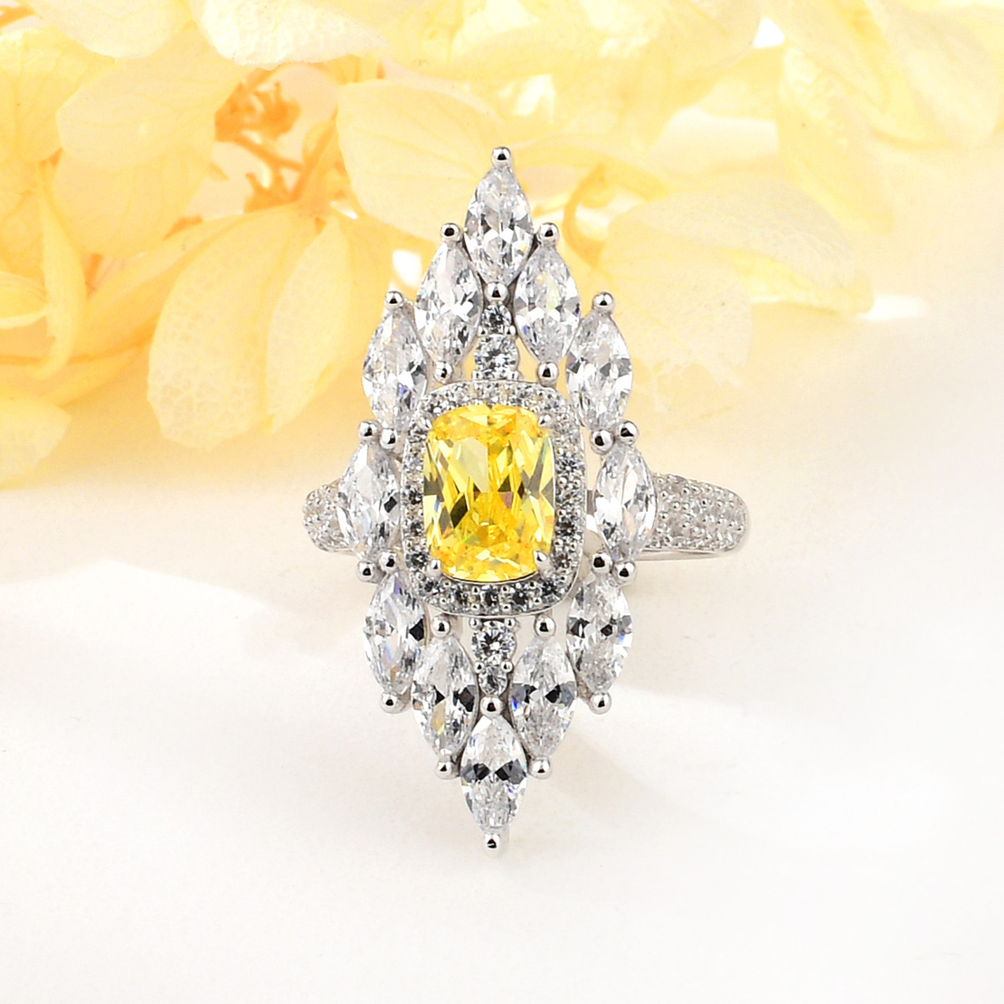 RING PLATINUM PLATED SILVER YELLOW CUBIC ZIRCONIA