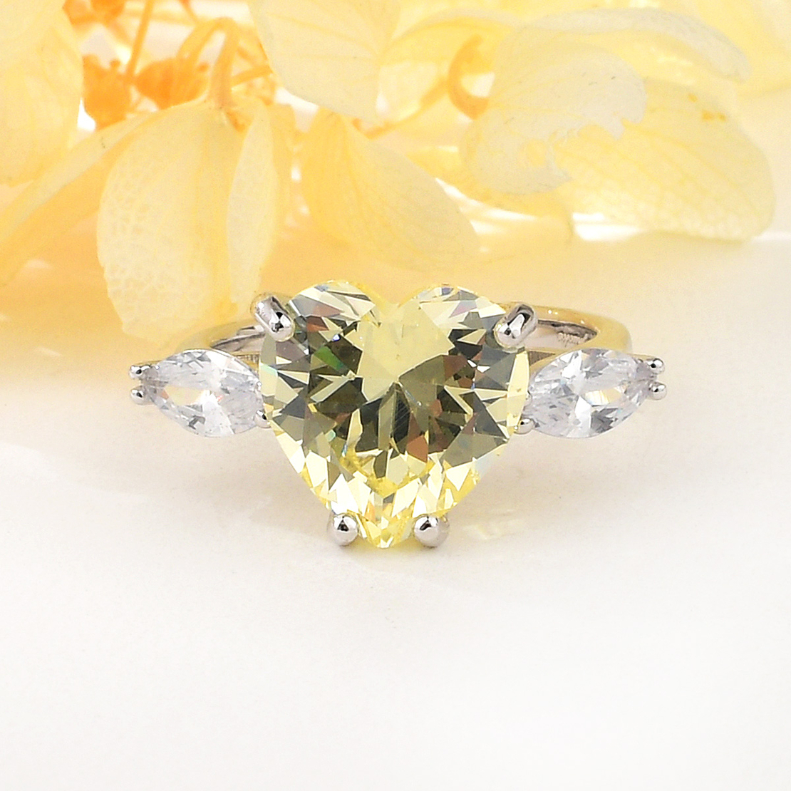 RING PLATINUM PLATED SILVER YELLOW CUBIC ZIRCONIA