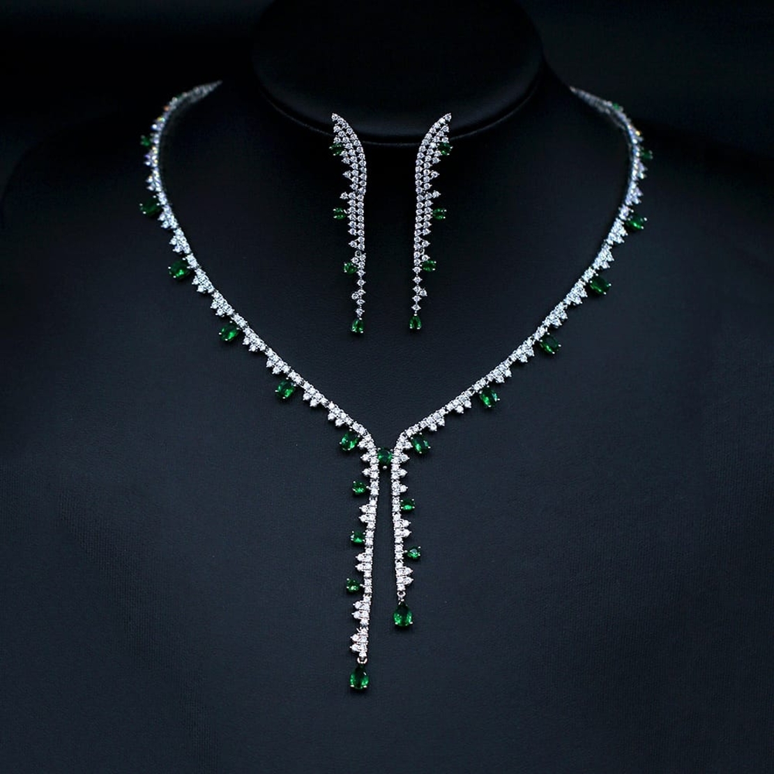 GREEN DROPS SET WHITE GOLD PLATING