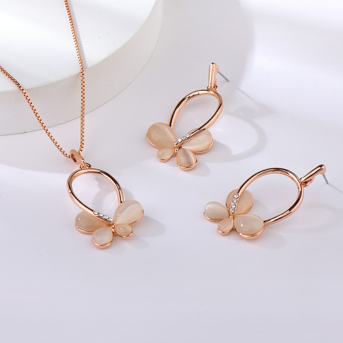 Комплект розово позлатяване цветя с котешко око 2610000002935 | Колекция Rose Gold