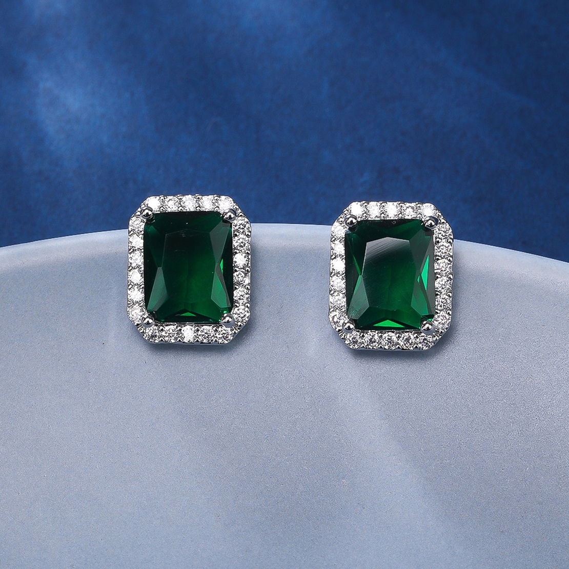 WHITE GOLD PLATED EARRINGS GREEN CRYSTALS