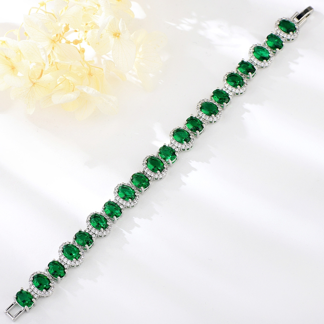 BRACELET WHITE GOLD PLATING GREEN CRYSTALS