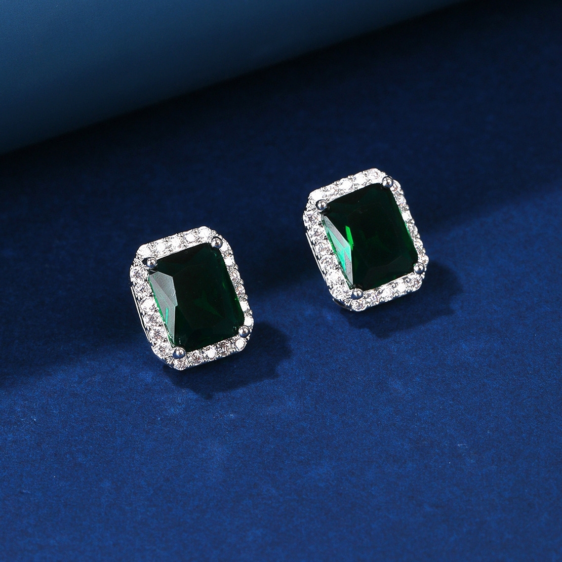 WHITE GOLD PLATED EARRINGS GREEN CRYSTALS