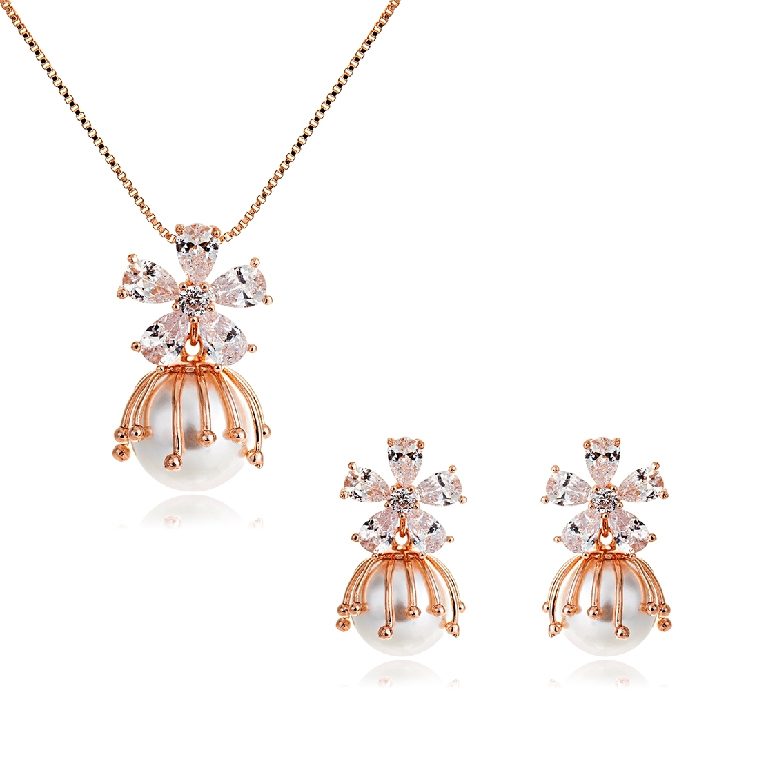 Комплект розово позлатяване цветя и перли | Колекция Rose Gold