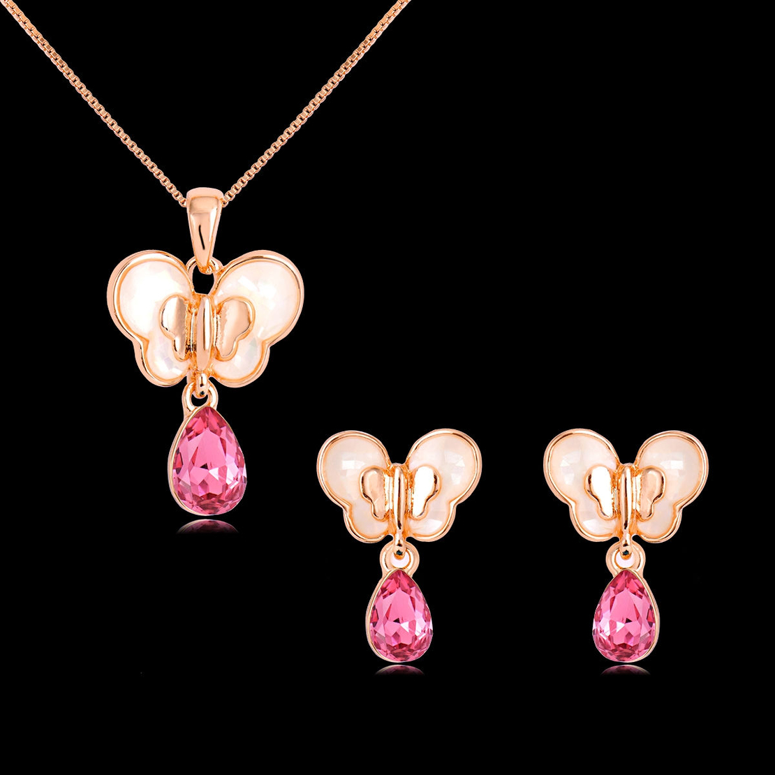 Комплект розово позлатяване пеперуди с кристали Swarovski Indian pink | Колекция Rose Gold