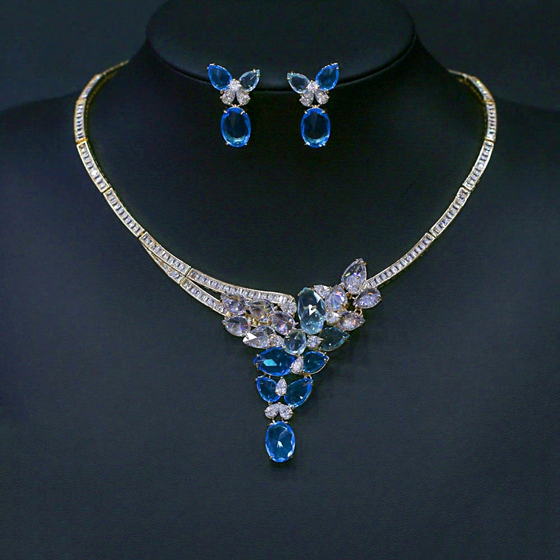 BLUE FLOWERS SET YELLOW GOLD PLATING