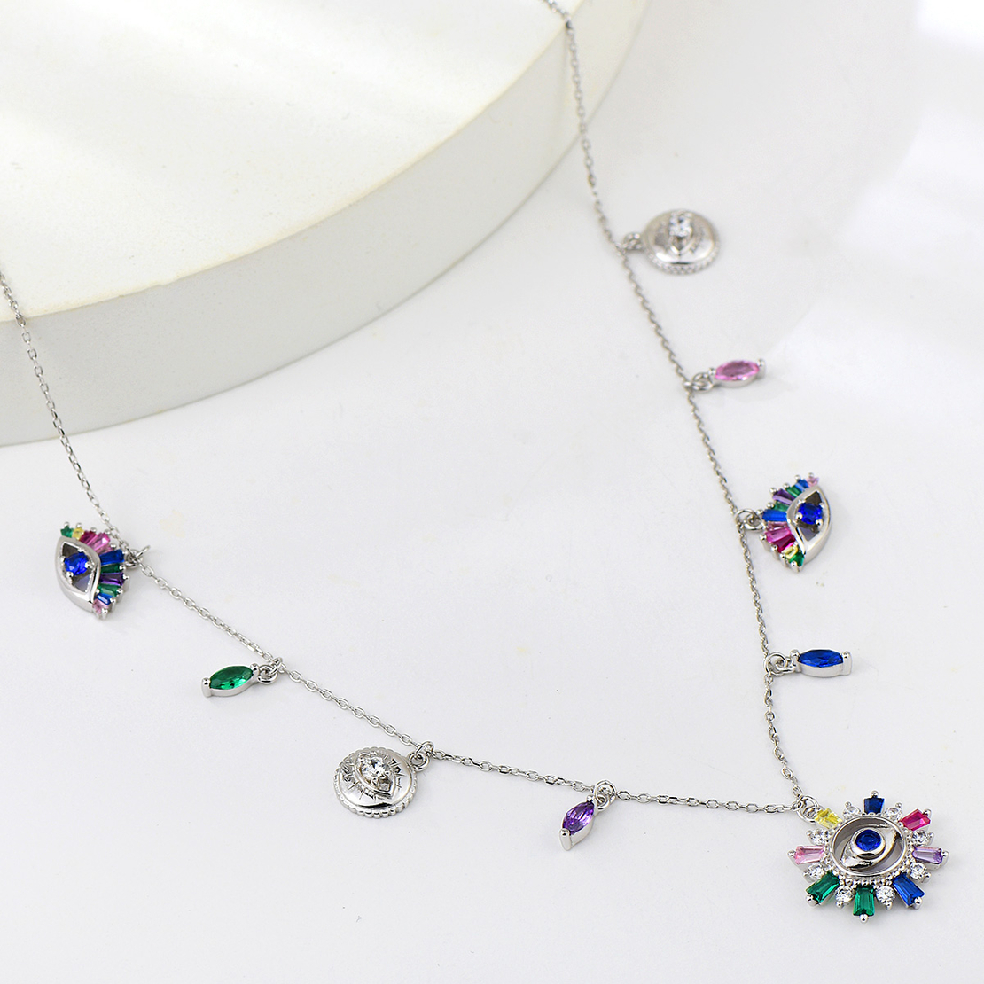 CHARM NECKLACE PLATINUM PLATED SILVER COLORFUL CUBIC ZIRCONIA