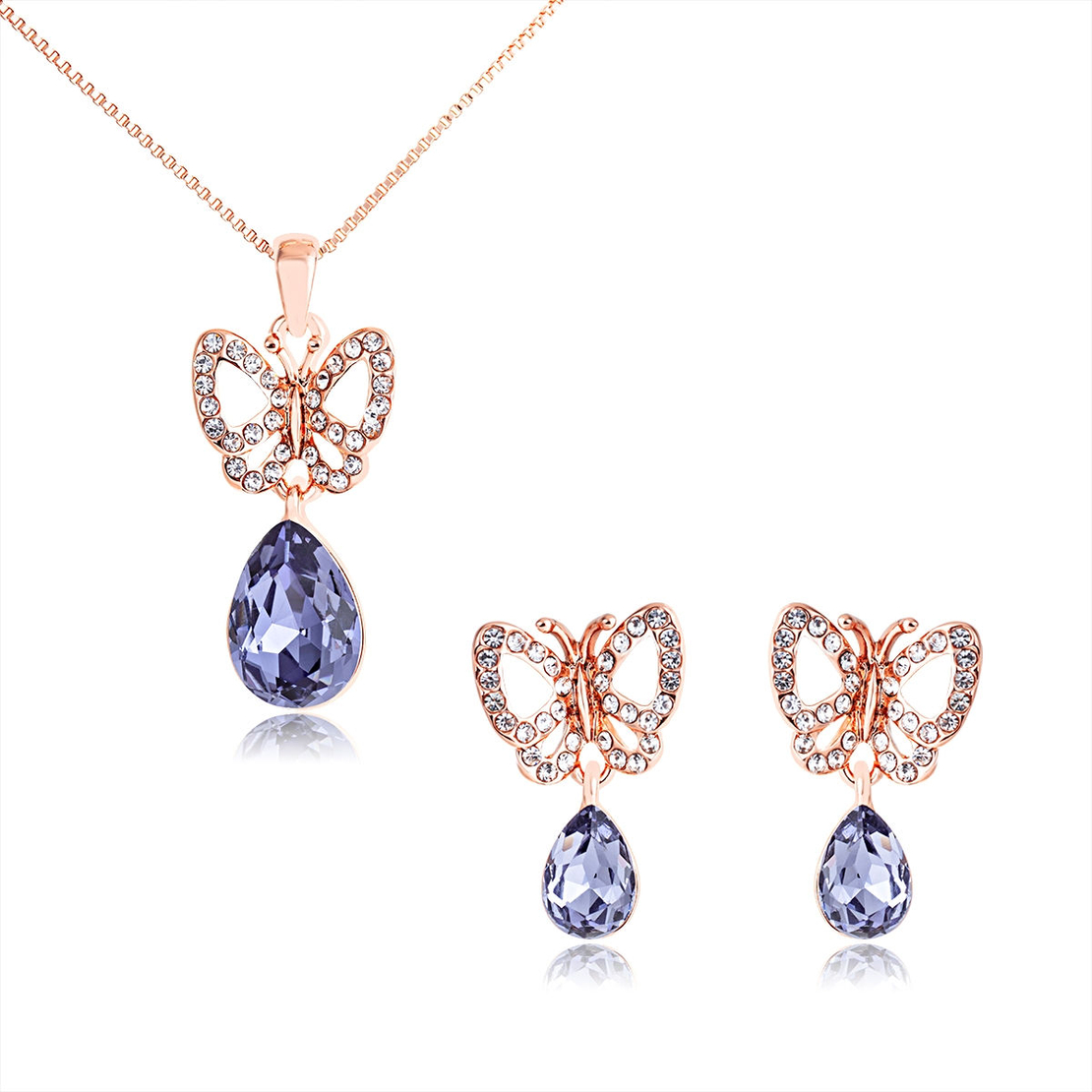 Комплект розово позлатяване пеперуди с кристали Swarovski Tanzanite | Колекция Rose Gold