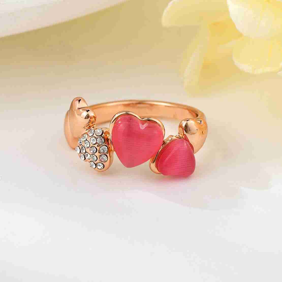Пръстен розово позлатяване червени сърца | Колекция Rose Gold