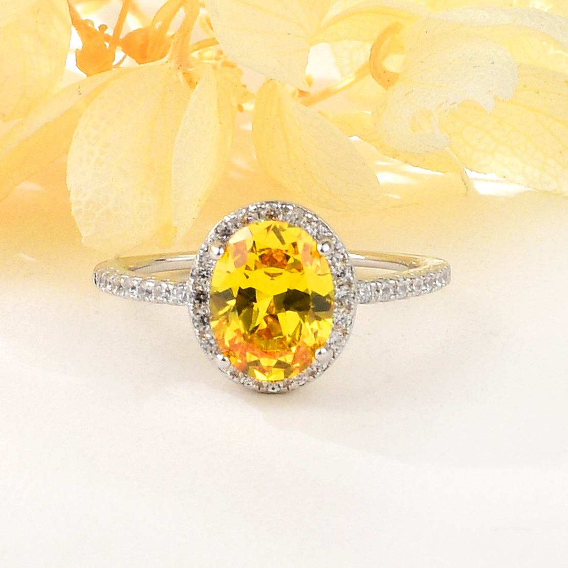 RING PLATINUM PLATED SILVER YELLOW CUBIC ZIRCONIA