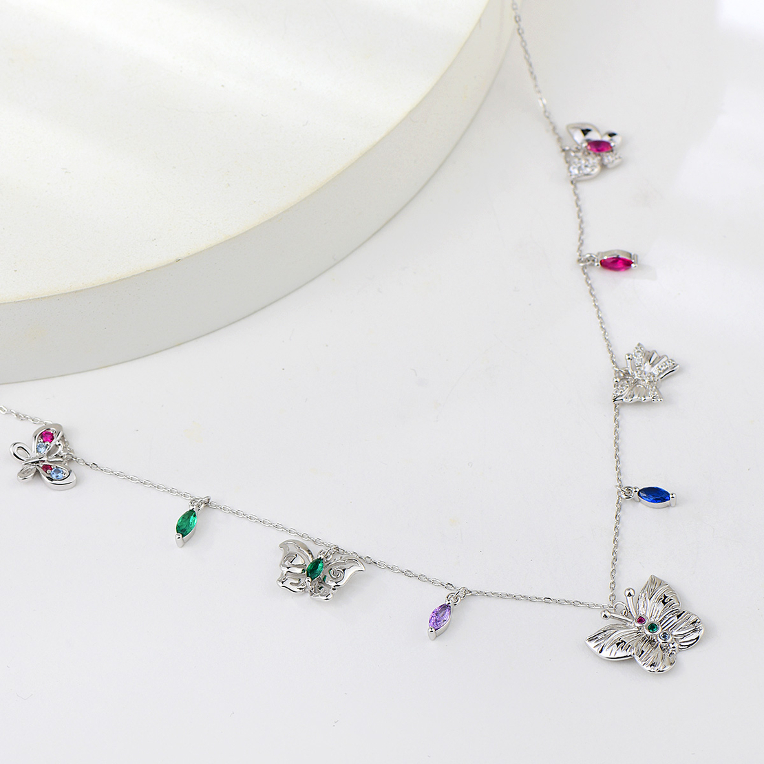 CHARM NECKLACE PLATINUM PLATED SILVER COLORFUL CUBIC ZIRCONIA