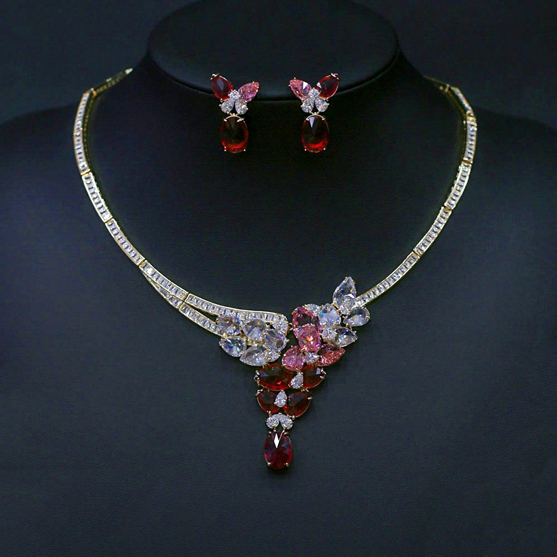 RED FLOWERS SET YELLOW GOLD PLATING