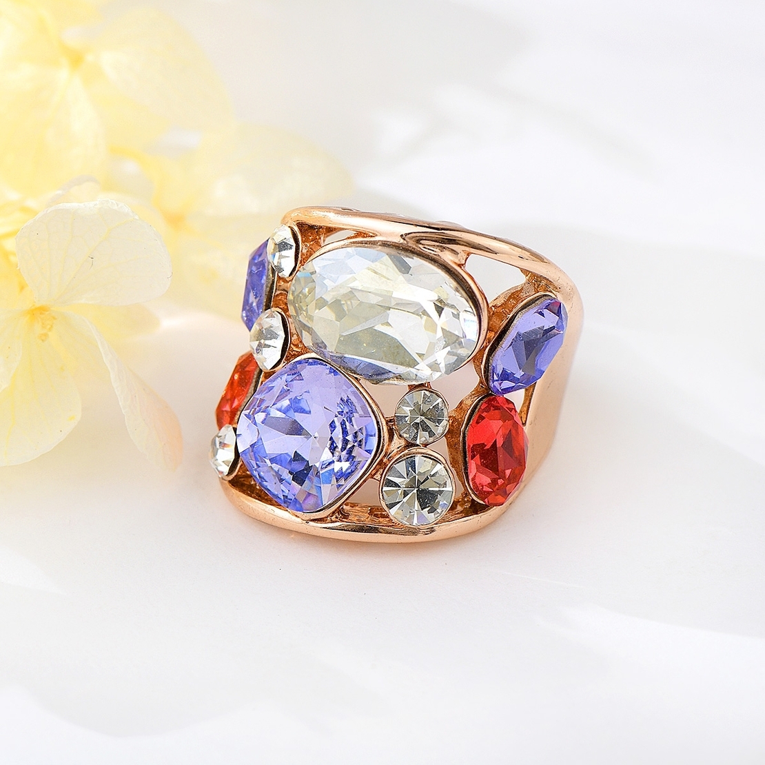 COLORFUL CRYSTALS ROSE GOLD PLATING RING