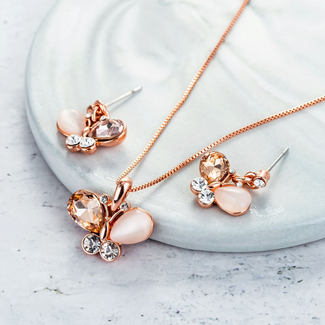 Комплект розово позлатяване пеперуди с кристали Swarovski | Колекция Rose Gold
