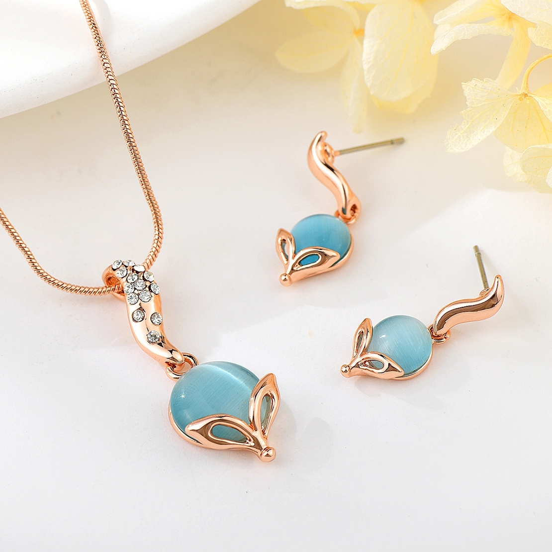 Комплект розово позлатяване синя лисица | Колекция Rose Gold