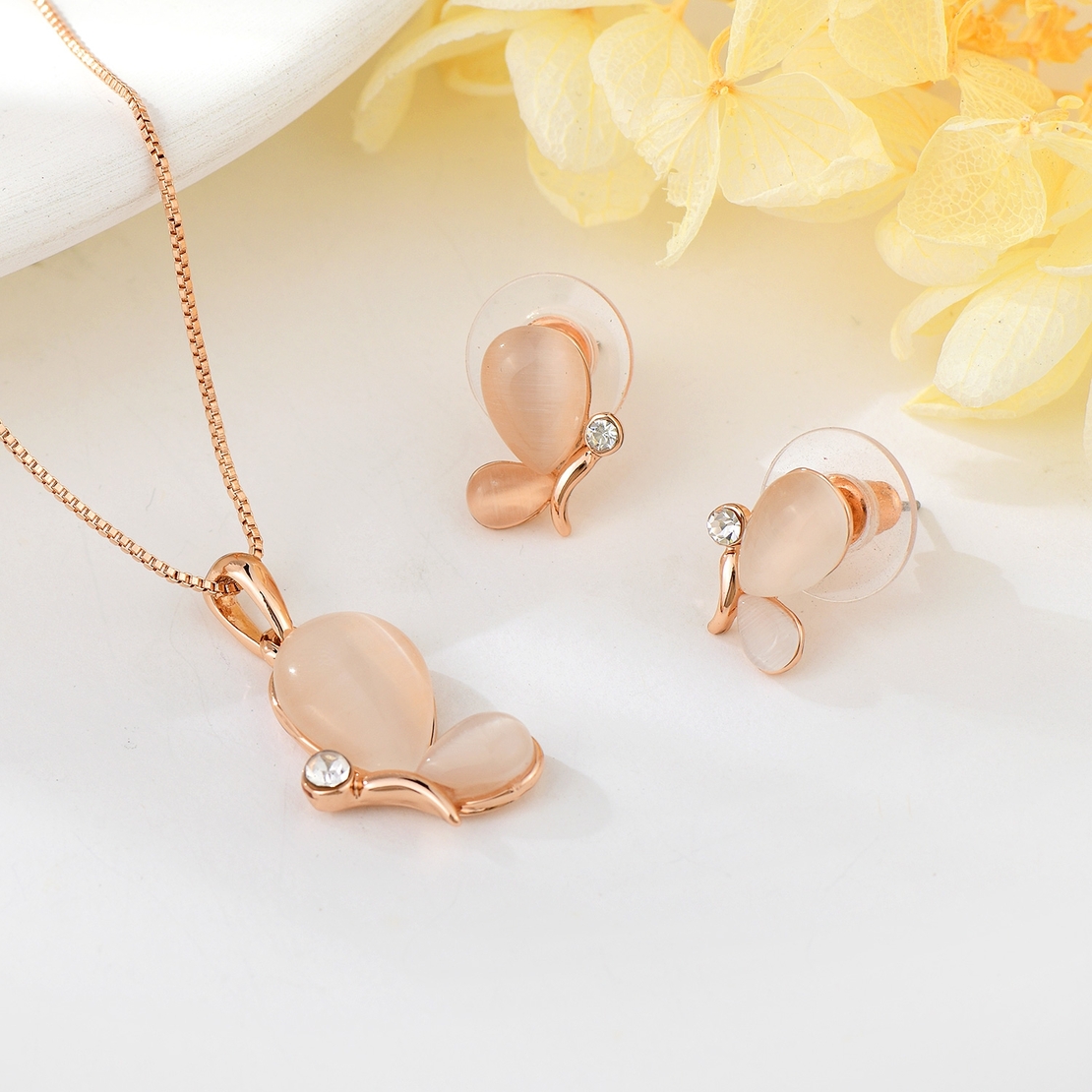 Комплект розово позлатяване пеперуди с котешко око | Колекция Rose Gold