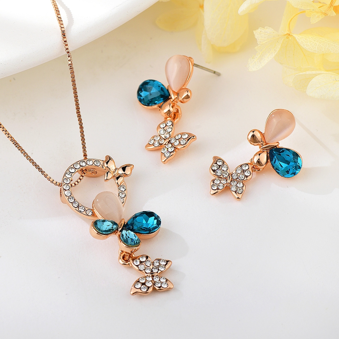 Комплект розово позлатяване синя пеперуда | Колекция Rose Gold