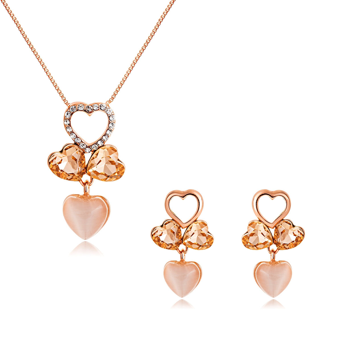 Комплект розово позлатяване сърца с кристали Swarovski Light topaz | Колекция Rose Gold