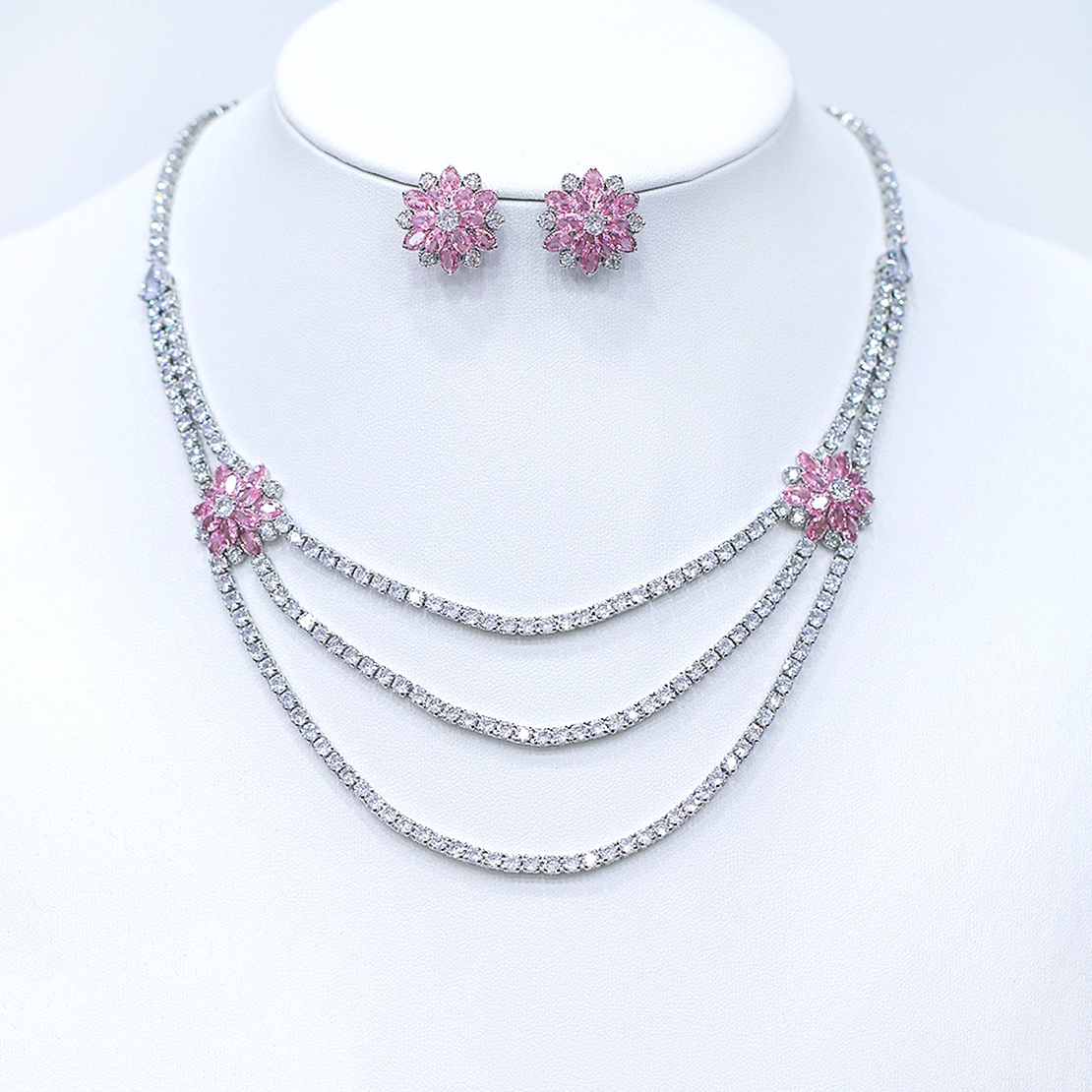 PINK FLOWERS SET WHITE GOLD PLATING