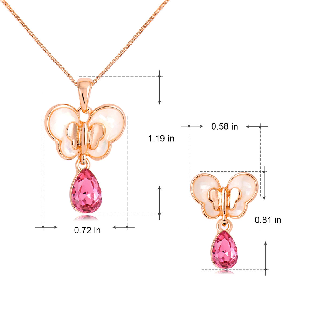 Комплект розово позлатяване пеперуди с кристали Swarovski Indian pink | Колекция Rose Gold