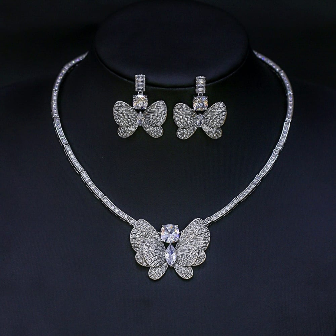 CRYSTAL BUTTERFLIES SET WHITE GOLD PLATING