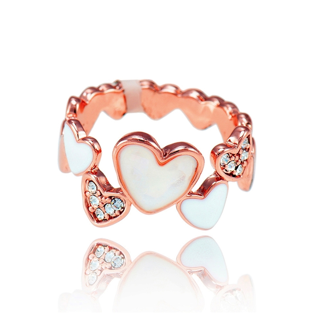 Пръстен розово позлатяване бели сърца | Колекция Rose Gold