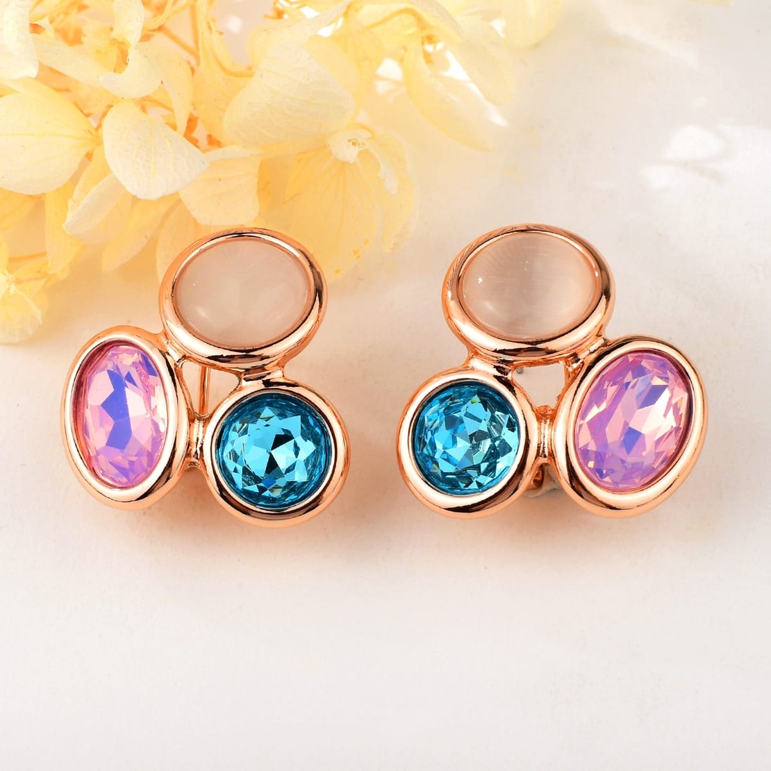 Обеци розово позлатяване цветни овали | Колекция Rose Gold