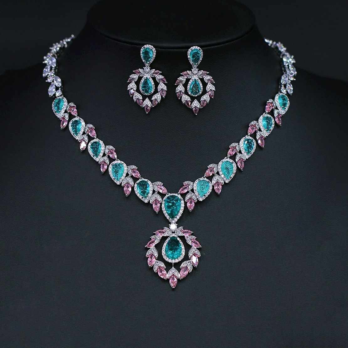 TURQUOISE DROPS SET WHITE GOLD PLATING