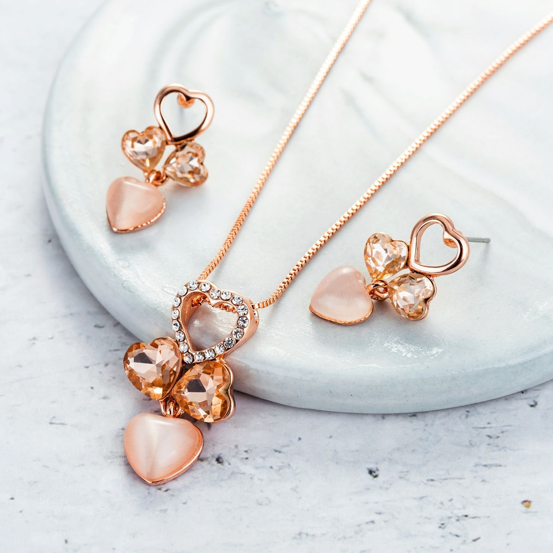 Комплект розово позлатяване сърца с кристали Swarovski Light topaz | Колекция Rose Gold