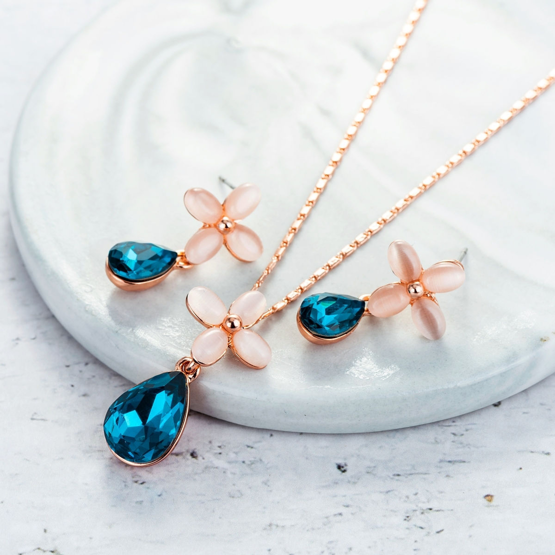 Комплект розово позлатяване Цветя с кристали Swarovski Indicolite | Колекция Rose Gold