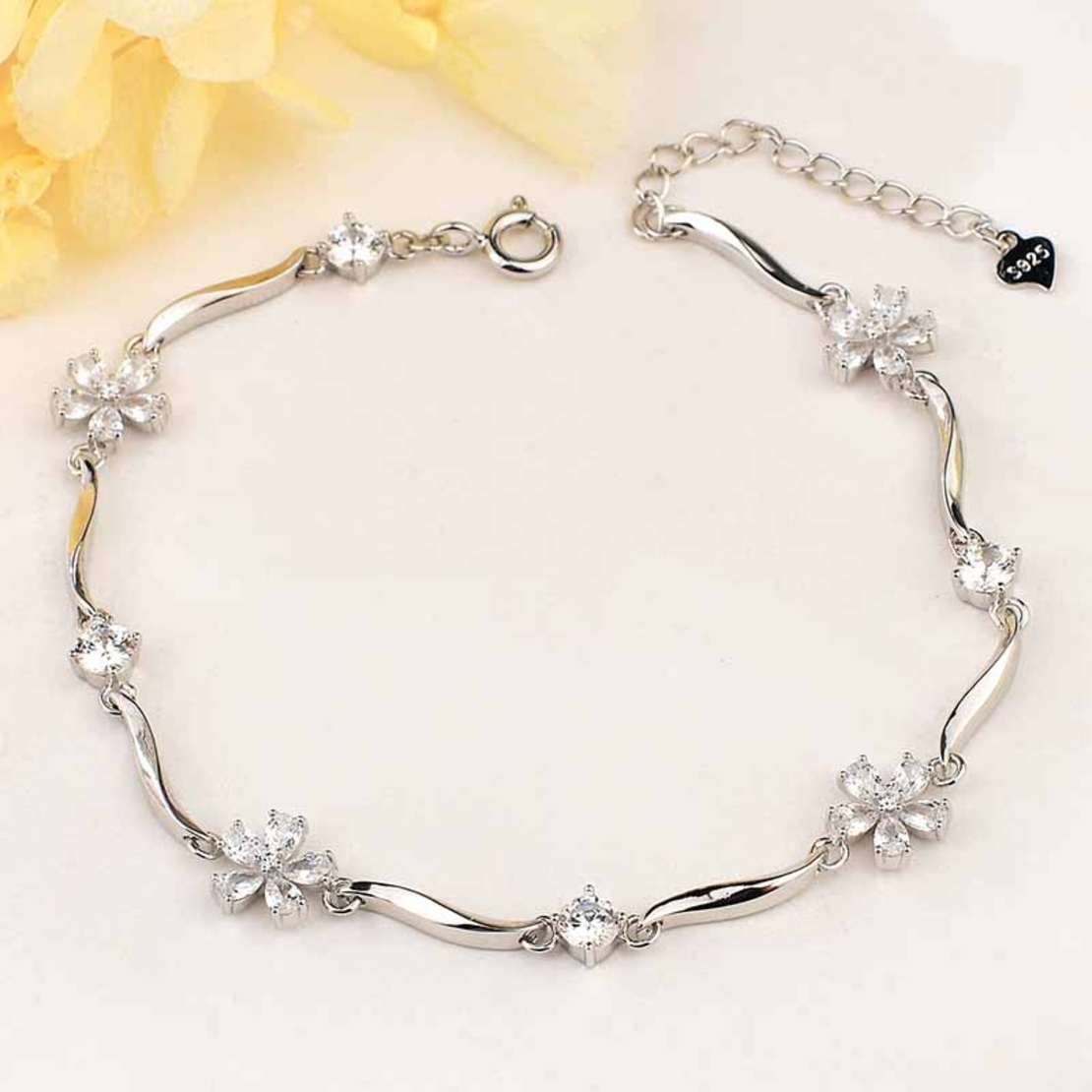 SILVER  JEWELRY - SILVER  BRACELET CRYSTAL FLOWERS