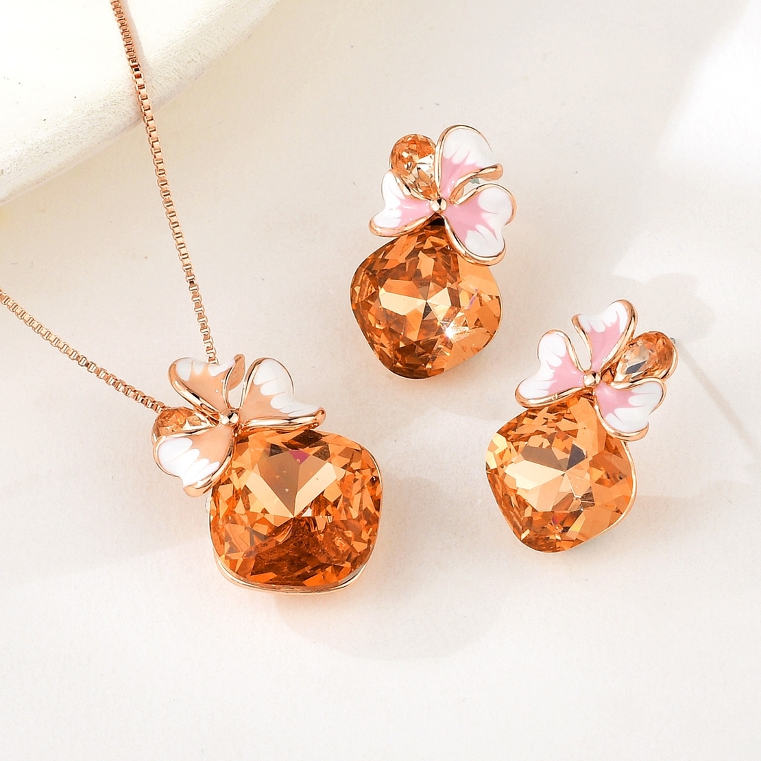 Комплект розово позлатяване кехлибарен кристал | Колекция Rose Gold