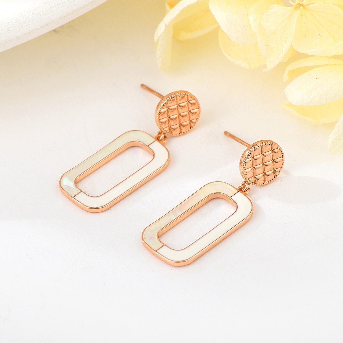Обеци розово позлатяване седефен правоъгълник | Колекция Rose Gold