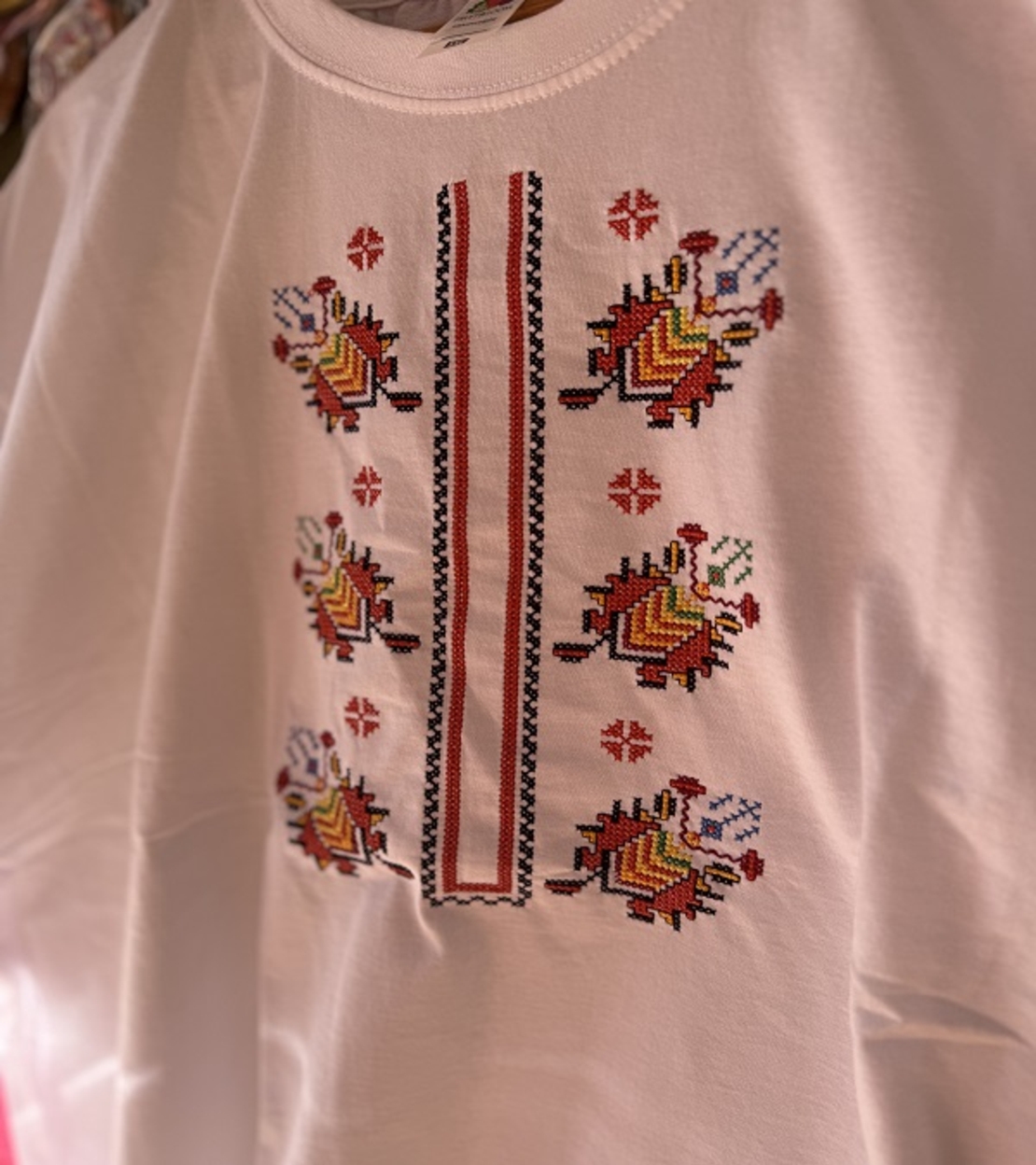 Мъжка памучна тениска с многоцветна бродирана шевица „Пролетни мотиви“ – Бяла