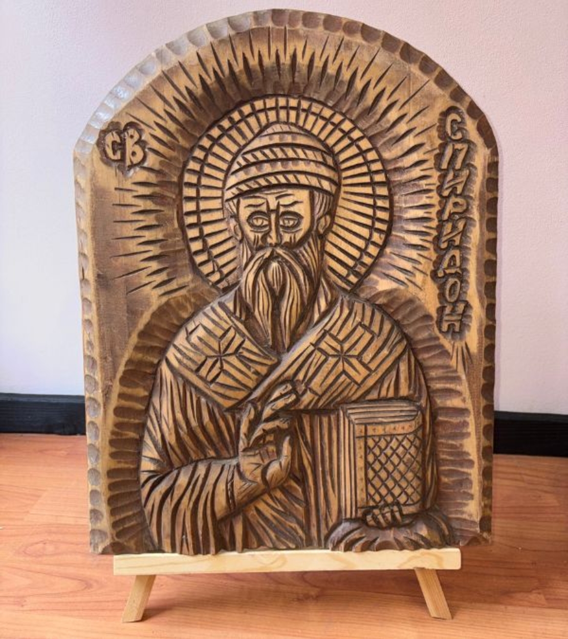Ръчно изработена дърворезба икона Св. Спиридон
