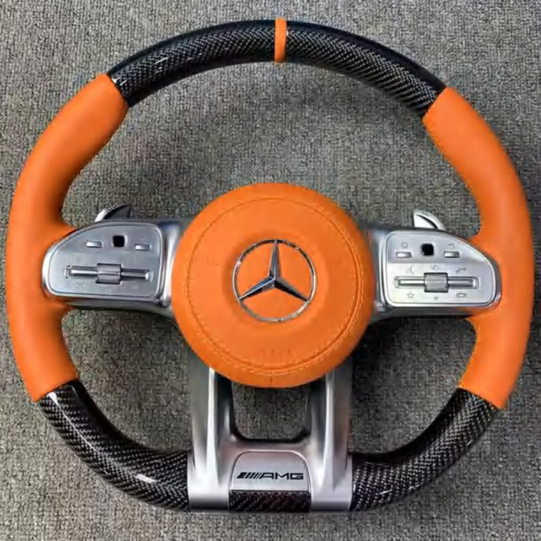 Mercedes AMG спортен волан – Carbon и оранжева кожа (2019–2022)