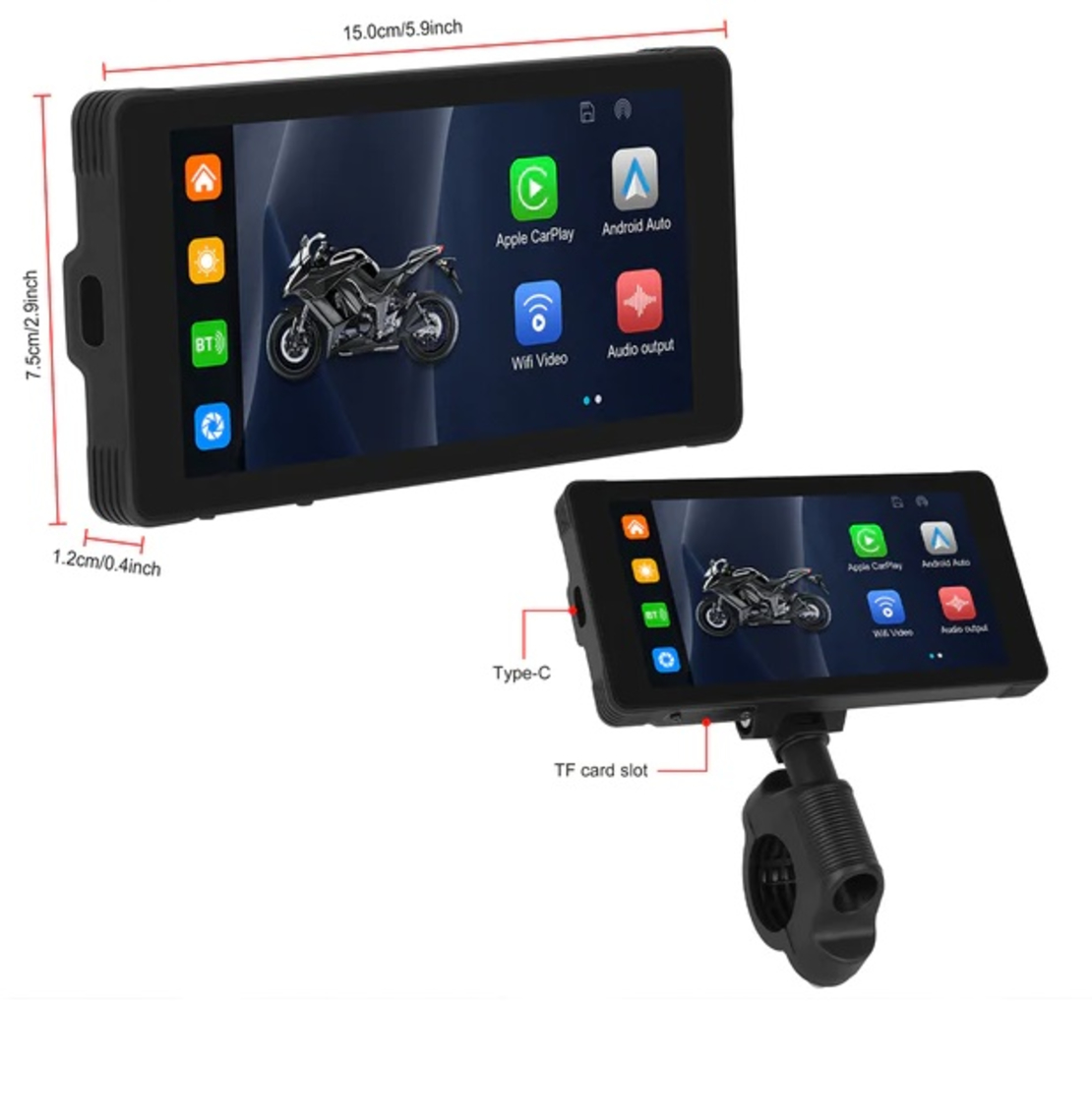 Безжичен CarPlay/AndroidAuto монитор с видеорегистратор за мотоциклет
