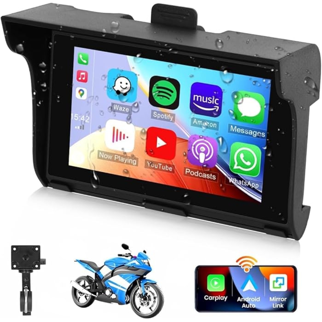 Безжичен CarPlay/AndroidAuto монитор с видеорегистратор за мотоциклет