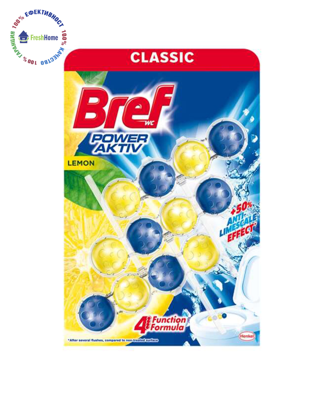Bref Power Active Лимон 3 x 50 гр. Tопчета за почистване и ароматизиране на тоалетна