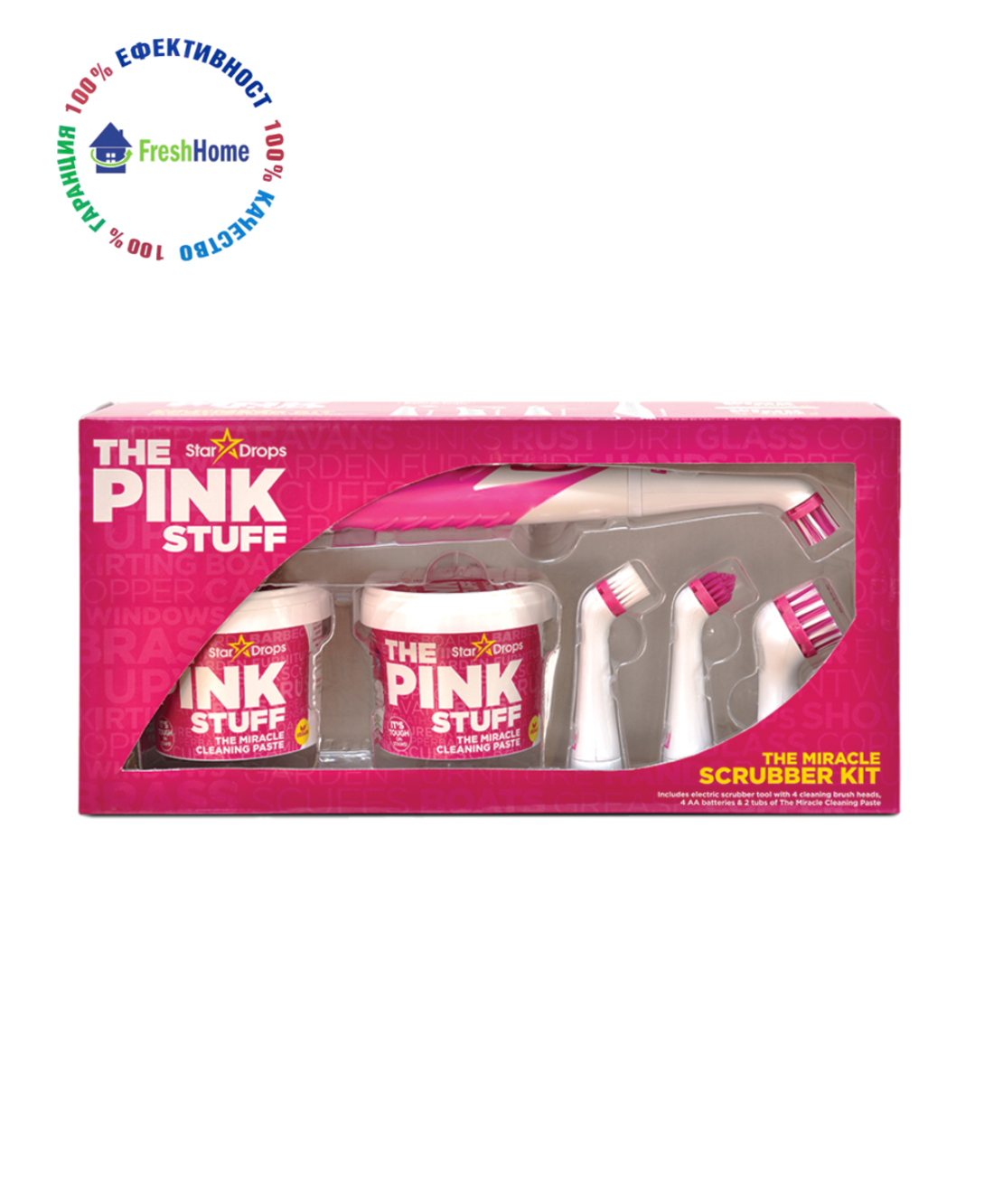 The PINK STUFF SCRUBBER KIT почистващ комплект 2*500 гр. Магическа паста + електрическо почистваща машина с 4 различни глави
