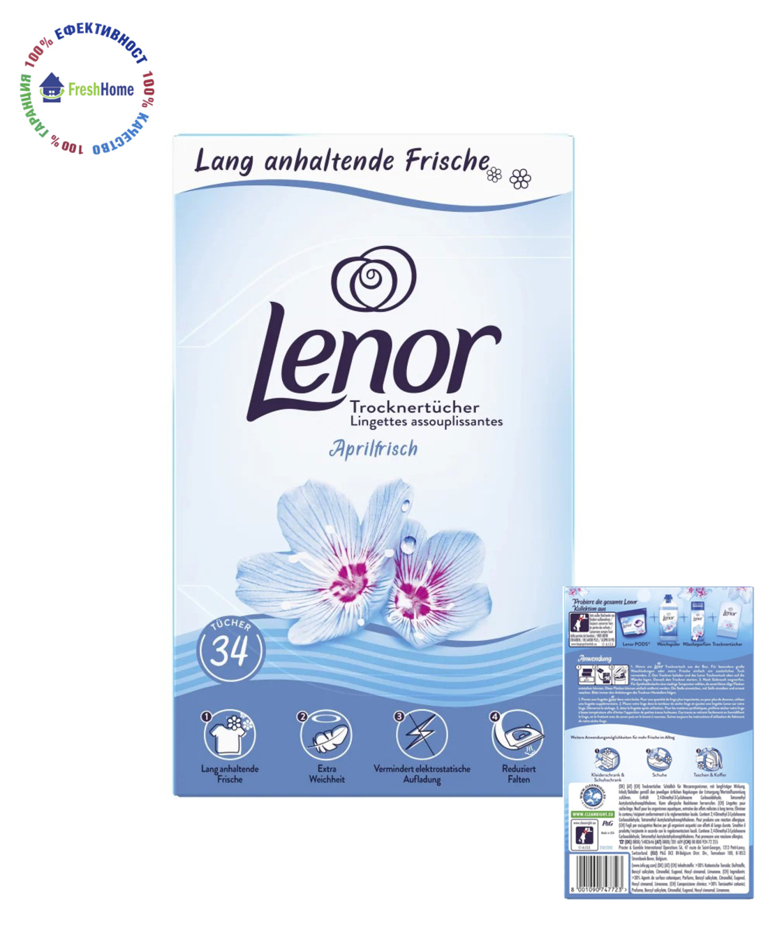 Lenor 34 кърпички за сушилня с аромат „Aprilfrische”