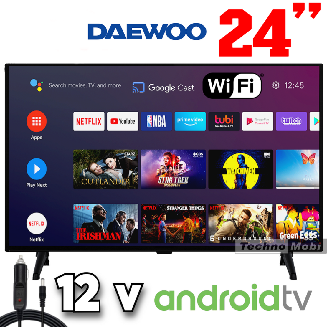 Телевизор на 12 волта Daewoo 24DM54HAM, Смарт, Android, 24 инча, Wi-Fi, Google Cast, Google Play